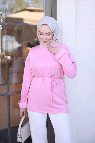 İmajButik Pink Double-Sleeve Tunic with Front Piped Edge