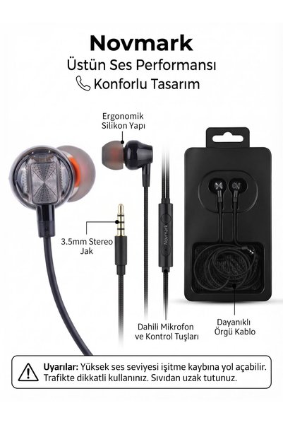 NovMark Örgü Kablolu Kulak İçi Kulaklık 3.5mm Jaklı Dahili Mikrofonlu Yüksek ...