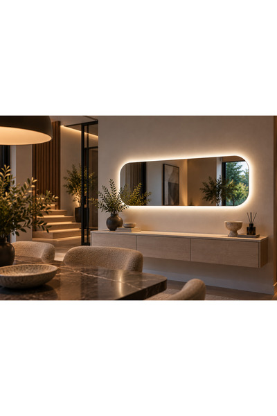 Yatay Kapsül LED Ayna, Arkadan Aydınlatmalı Oval Dikdörtgen Duvar Aynası, Modern Dekoratif Salon, Antre ve Dresuar Aynası