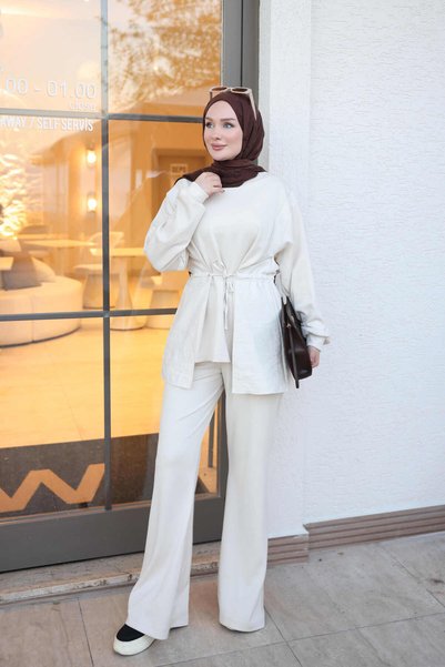 İmajButik Krem Bağlamalı Garnili Tunik Pantolonlu Oys Takım