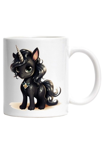 INOVATIX Personalized white mug, a black unicorn, flower, fairy tale, long ha...