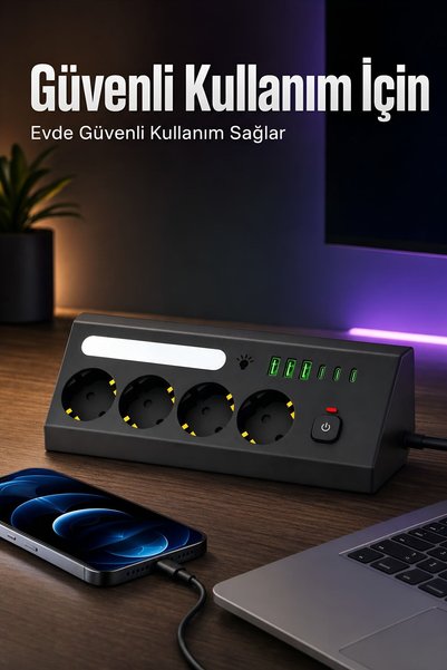 ROBEVE Blic BPS5 Akım Korumalı Priz 4 Topraklı Priz Ve 6 USB Girişli 3 USB-A 3 Type-C 2200W Aşırı Yük Korumalı 1050J LED Işıklı USB'li Grup Priz Ev Ofis Kamp Karavan Çalışma Alanı