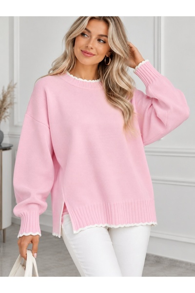 ModaAzen Pink Oversized Women's Knit Sweater with Cloud Pattern and Crew Neck