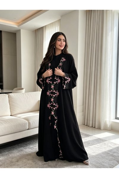 Classy She عباءة مطرزة بالزهور ومزينة بالتطريز مع فتحة أمامية (بدون حجاب)