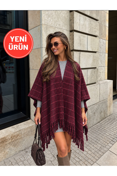 Perryes Women's Plaid-Patterned Tasseled Poncho – Relaxed Fit Shawl Collar