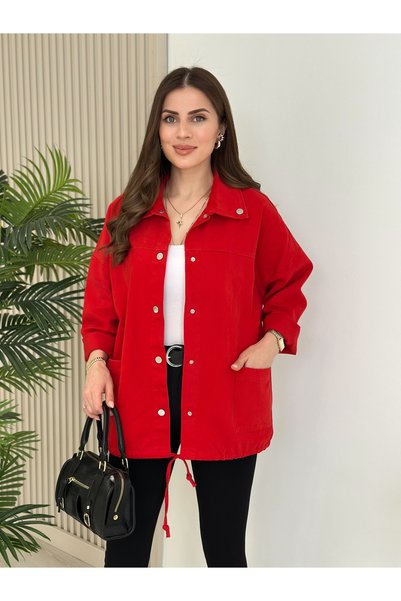 Hazel Butik Çıtçıtlı Oversıze Gabardin Ceket Kırmızı