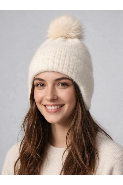 PIECE SIGNATURE Soft Winter Women's Beanie with Fur-Lined Ears and Pom-Pom Th...