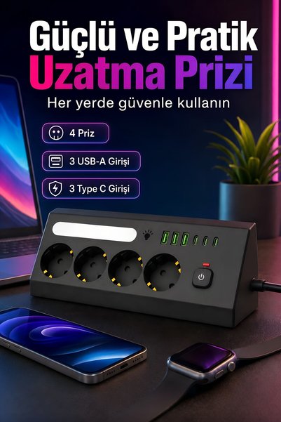 ROBEVE Blic BPS5 Akım Korumalı Priz 4 Topraklı Priz Ve 6 USB Girişli 3 USB-A 3 Type-C 2200W Aşırı Yük Korumalı 1050J LED Işıklı USB'li Grup Priz Ev Ofis Kamp Karavan Çalışma Alanı