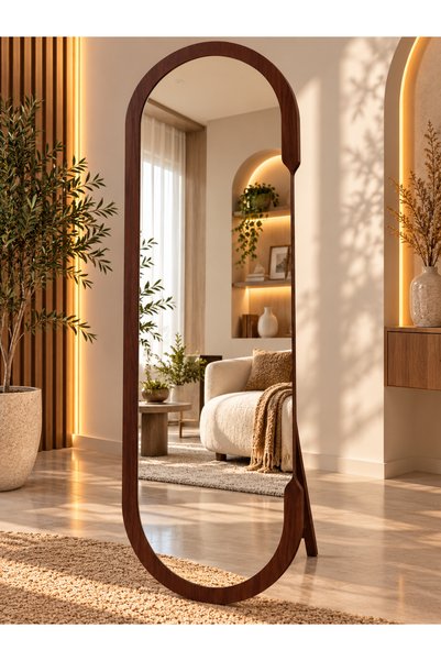 N.zone مرآة أرضية طويلة فاخرة من بتصميم عصري وانحناءات جانبية، إطار خشبي مع م...