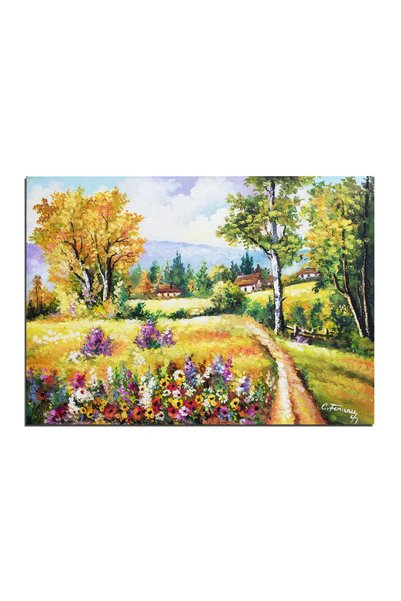 artnova Tablou peisaj cu flori colorate pictat manual, Colt de rai, 70x50cm u...