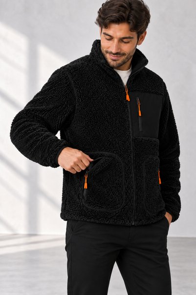 zazzia Men's Black Lambswool Welsoft Fleece Jacket with Full Zipper and 3 Zip...