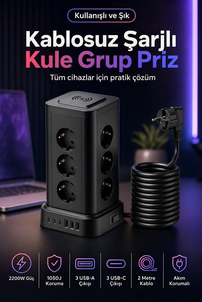 ROBEVE Blic BPS1 Kule Priz 12 Priz 3 USB 3 Type C Ve Kablosuz Şarj Alanlı Akım Korumalı 2200W 1050J 2 Metre Kablolu Anahtarlı Masaüstü Çoklu Grup Priz Kulesi Ev, Ofis Ve Çalışma Masası İçin