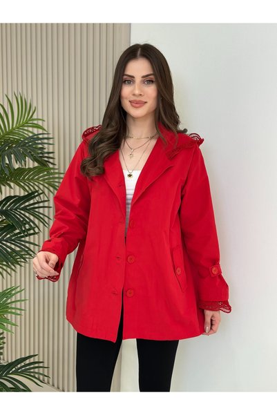 Hazel Butik Kadın Kırmızı Dantel Kapüşonlu Düğmeli Mevsimlik Trençkot Ceket