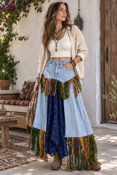 ÇATI KATI Vintage Kadın Buz Mavisi Bohem Püsküllü Patchwork Maxi Kot Etek