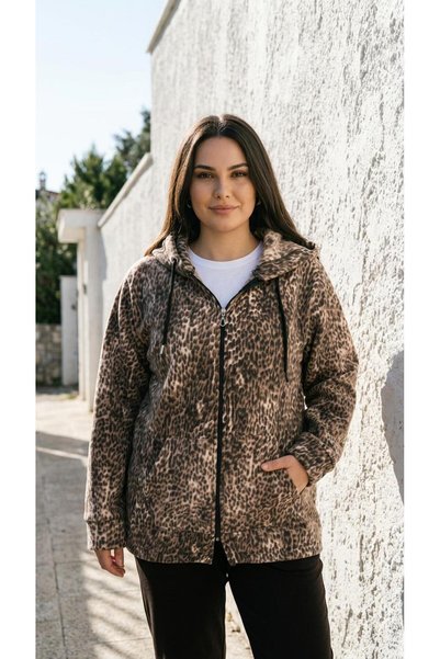 Curly Jachetă din fleece cu glugă și model imprimeu leopard