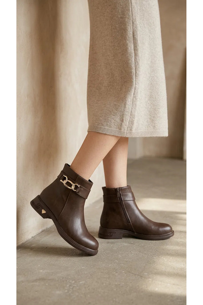 topuksarayı Women's Veyra Ankle Boots with Chain Detail and Thick Soles, Coff...
