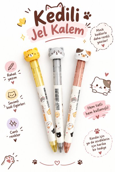 Meyra Accessories Kawaii Kedi Figürlü Rulmanlı Çarklı 1 ADET Jel Kalem Premium Kalite Rahat Yazım Siyah Mürekkep
