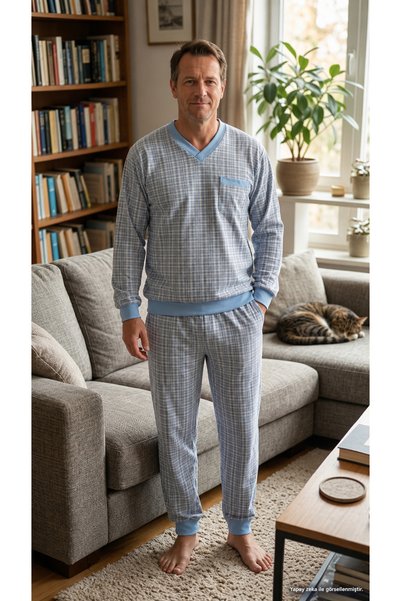 Generic Brand ÖzSurgun Men's Checked Flannel Pajama Set with V-Neck, Pockets,...