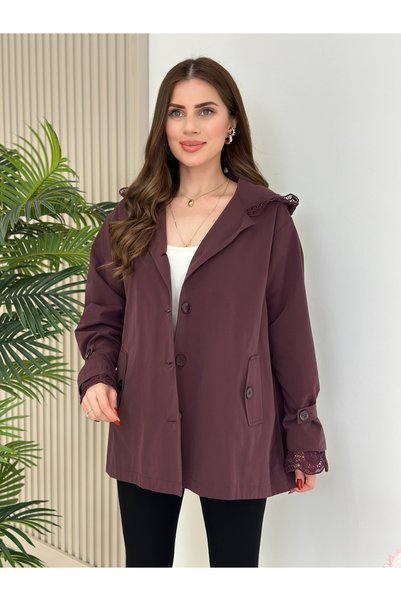 Hazel Butik Kadın Mürdüm Dantel Kapüşonlu Düğmeli Mevsimlik Trençkot Ceket