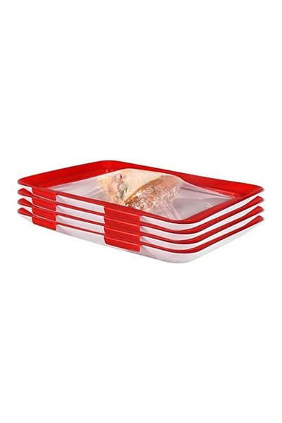 Generic Set of 4 PP Plastic Food Trays with Stretch Film, Red and White