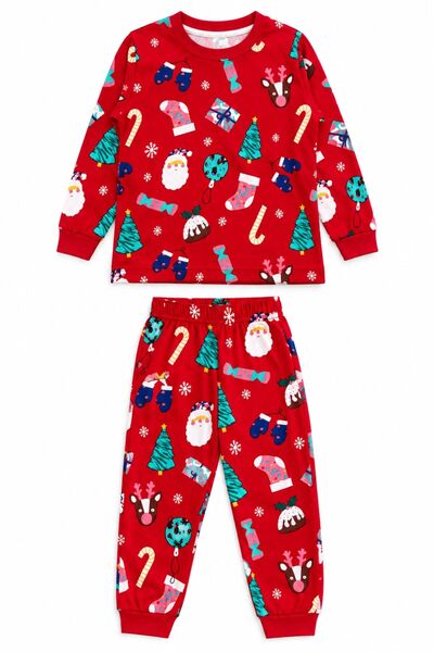 ALİŞ KİDS Girls' 100% Cotton Red "Sugar Pine" New Year's-Themed Long-Sleeved Pajama Set