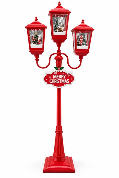 SBR Lampă decorativă de Crăciun 194 cm, roșie, cu 3 felinare și scene de iarn...