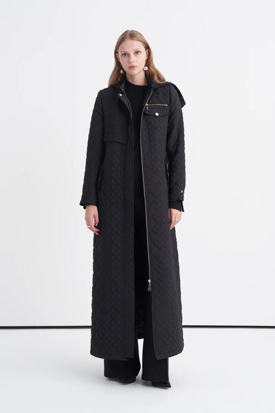 Zühre Black Quilted Trench Coat with Hood, Belt Detail, and Zip Detail 13993
