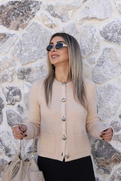 bytugcekaya Cream Standard-Fit Glittery-Buttoned Cardigan