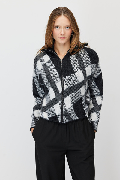 PAULMARK Cardigan din tricot pentru femei, cu model ecosez și fermoar