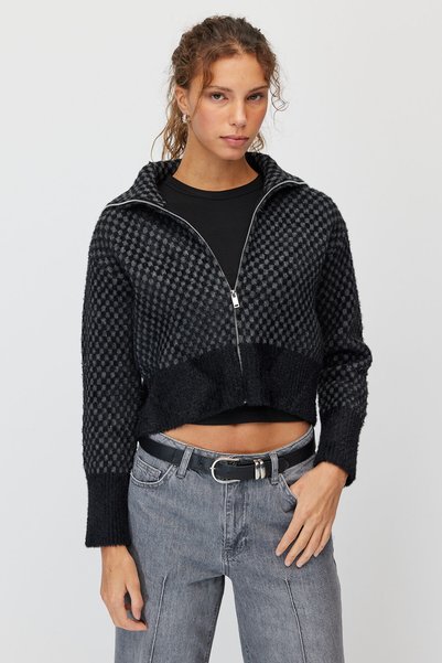 PAULMARK Cardigan din tricot cu fermoar și model în carouri