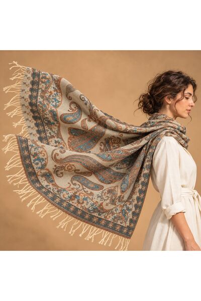 BIJUTERI FLR-5046 Cream, Cinnamon, and Blue Paisley-Patterned Reversible Cash...