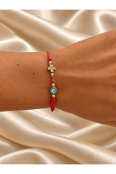 Soleildor Gold-Colored Blue Beaded Evil Eye Bracelet in Red and White String