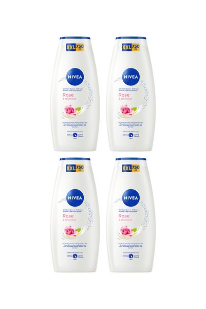 NIVEA 4x PACHET Gel de duș Care & Roses cu ulei de trandafir și migdale, 750 ml