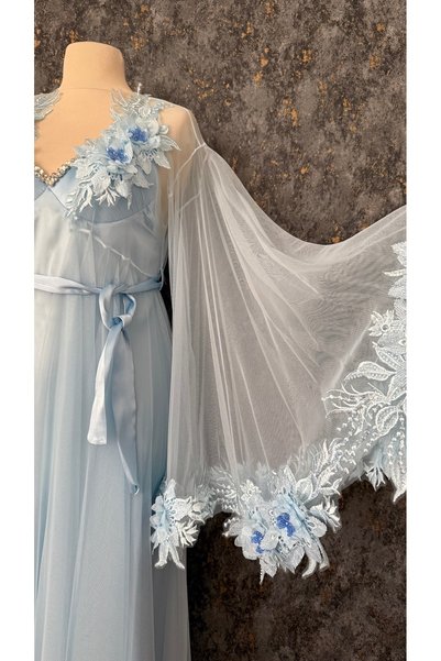 Loviana belle Custom-designed 2-piece long robe and nightgown set with stone embellishments and lace details (in a box)