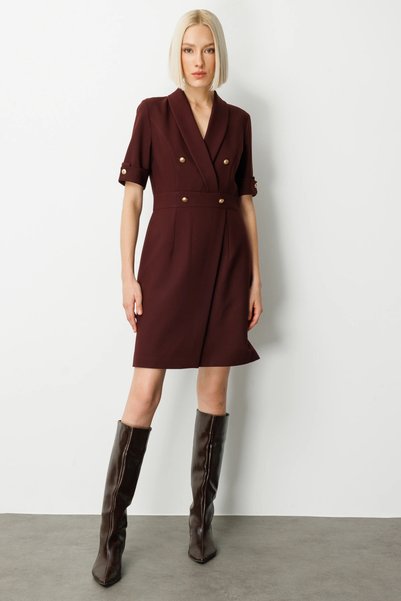 Ekol Women's Burgundy Dress with a Double-Breasted Wrap Neckline and Decorati...