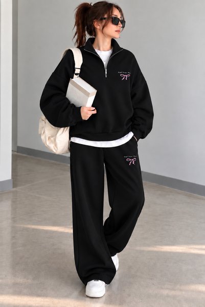 SANTAMİLA Black Mock Neck Sweatsuit Set with a Bow Detail on the Top, and Wid...