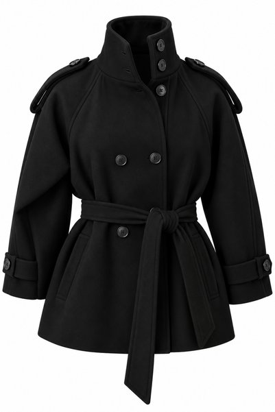 MELEK ARAZ Premium Short Coat with Mock Neck and Shoulder Epaulets - Black