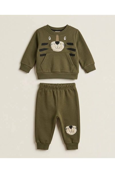 EFEYOO Unisex Baby Set with Embroidered Cat Design, 3-Strand Brushed Inside, ...
