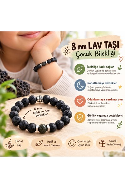 Leyandoğaltaş 8 mm Natural Lava Stone Children's Bracelet with Black Beads—Sp...