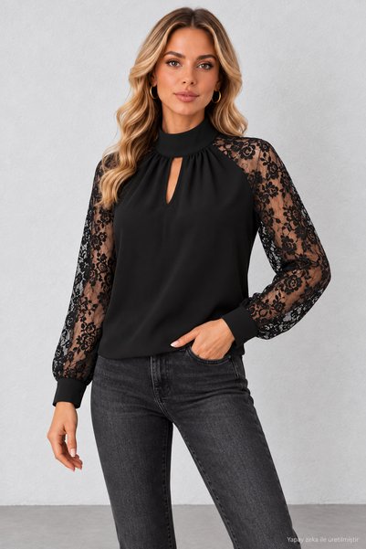moda wanilia Γυναικεία μπλούζα με δαντέλα στα μανίκια, ντεκολτέ σε σχήμα σταγ...