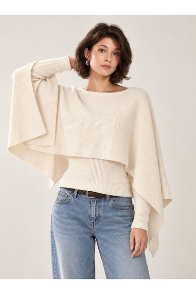 Lavinza Cape-Style Brioche Knit Boat Neck Sweater with Collar Detail