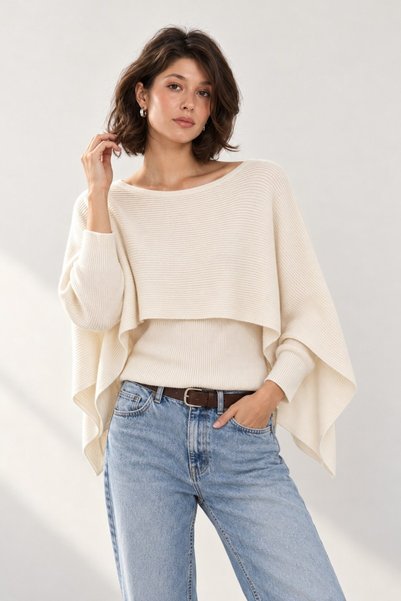 Lavinza Cape-Style Brioche Knit Boat Neck Sweater with Collar Detail