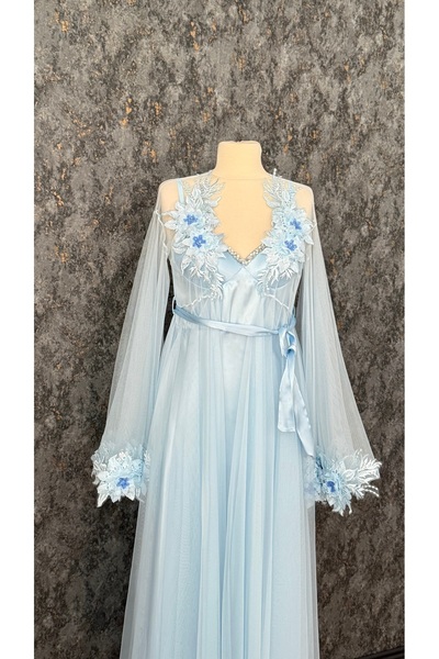 Loviana belle Custom-designed 2-piece long robe and nightgown set with stone embellishments and lace details (in a box)