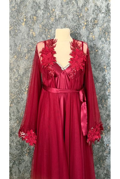Loviana belle Custom-designed 2-piece long robe and nightgown set with stone embellishments and lace details (in a box)