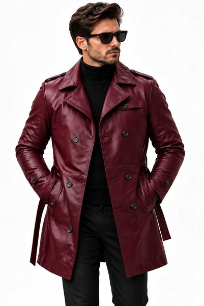 rendi collection Erkek Bordo Hakiki Deri Düğmeli Kuşaklı Trençkot