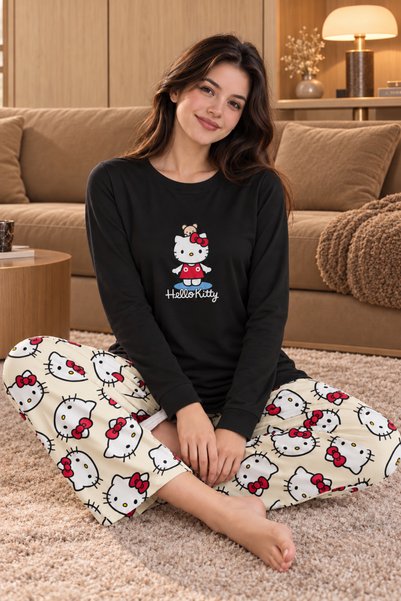 Silona Homewear Dreamies Hello Kitty Black Super Soft Long-Sleeve Pajama Set