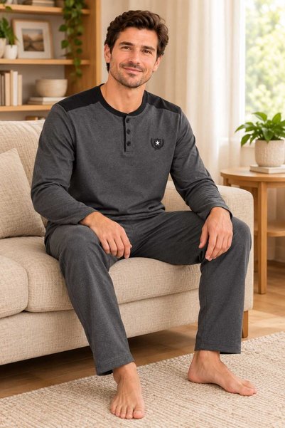 Tenra 100% Cotton Men's Pajama Set, Long-Sleeved, Relaxed Fit