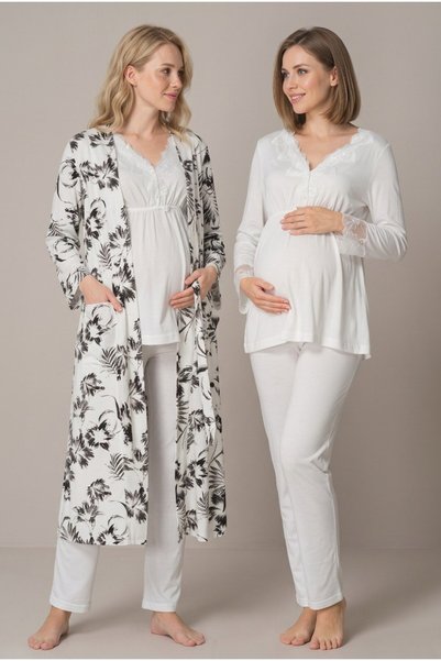 LOHOUSE Women's Ecru-Patterned, Lace-Trimmed, Long-Sleeved, Nursing-Friendly ...
