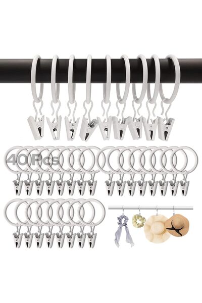 Generic 40Pcs Curtain Rings with Clips, White Premium Drapery Clips with Ring...