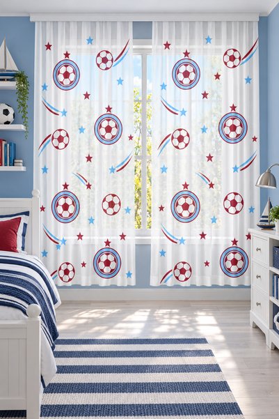 HOMESSA Burgundy and Blue Fan-Themed Double-Layered Children's Room Sheer Cur...